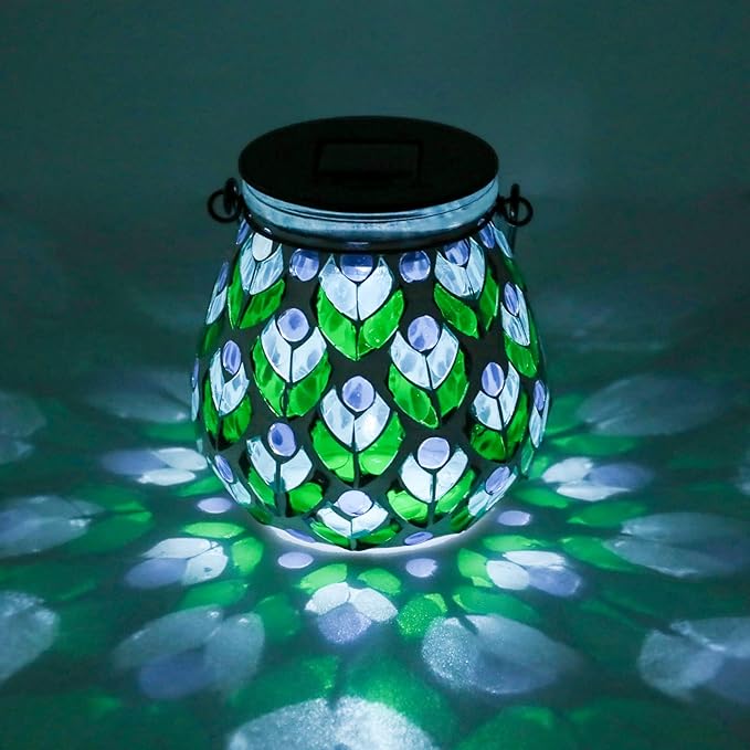 Afirst Mosaic Solar Lanterns Outdoor - Glass Hanging Solar Lights Hollow Out Waterproof Table Lamp Outdoor Decorative for Garden, Patio, Holiday Party Outdoor Decoration