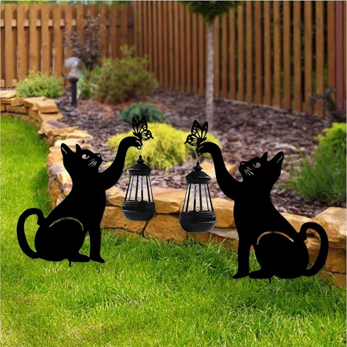 Solar-Powered Black Cat Garden Decor Stakes - Metal Silhouette Figurine for Outdoor Yard, Lawn, and Patio Decoration