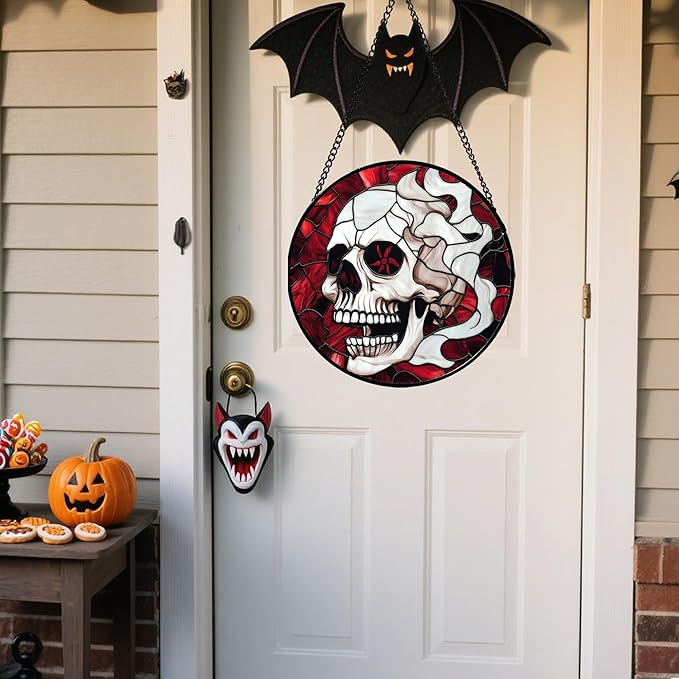 Stained Glass Window Hanging - Halloween Decorations Vampire Skeleton Suncatcher for Doors Garden Indoor Funny Spooky Sun Catchers Gothic Decor Horror Gifts for Women Men Friend 9.8 in
