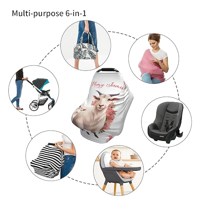 Personalized Car Seat Covers with Name, Goat Baby Canopy Carrier Cover, Breathable Breastfeeding Nursing Cover, Stretchy Multi-Use Infant Carseat Stroller Cover