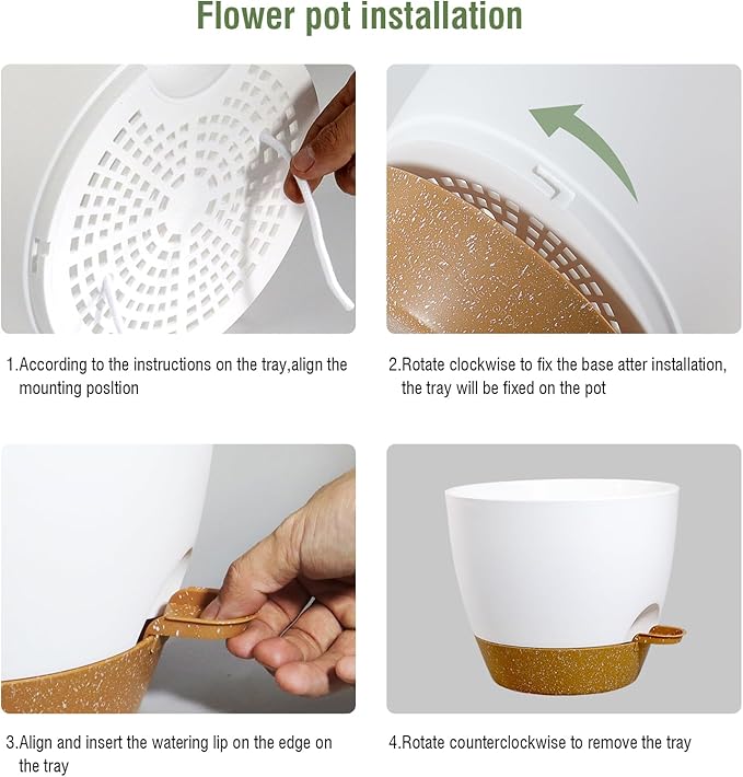 12 inch Large Self Watering Pots, Flower Plant Pots with Drainage Holes for Indoor Outdoor Garden Plants, Plastic Planters with Removable Deep Reservoir, White with Brown
