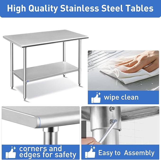 ROCKPOINT Stainless Steel Table for Prep & Work 30x48 Inches, NSF Metal Commercial Kitchen Heavy Duty Table with Adjustable Under Shelf and Table Foot for Restaurant, Home and Hotel