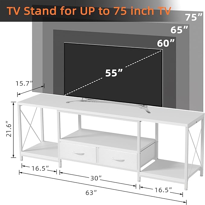 TV Stand with Fabric Drawer for 65 70 75 Inches TV - Entertainment Center and Industrial TV Console Table with Open Storage Shelves for Living Room, Bedroom - 63" White