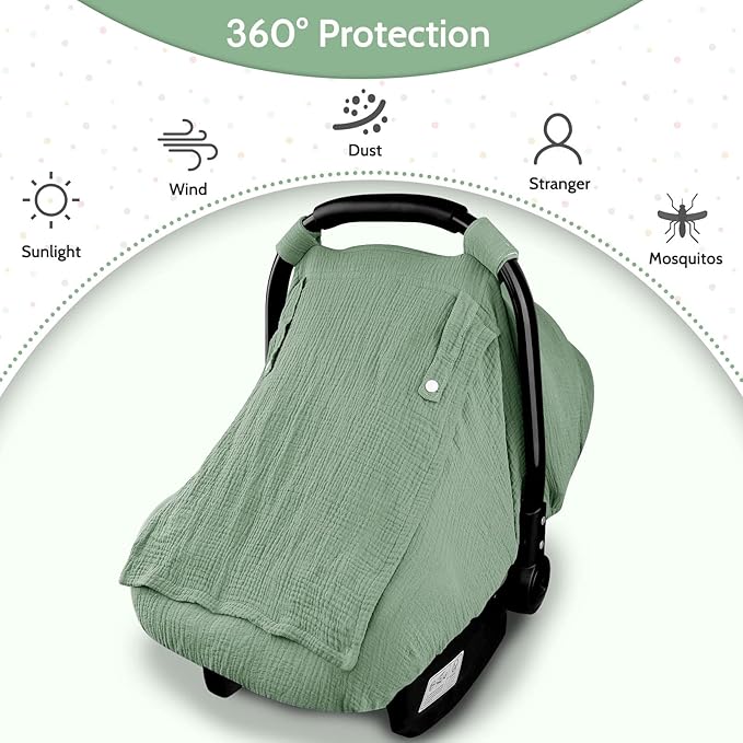 Hooyax Muslin Car Seat Covers for Babies, Summer Baby Car Seat Cover for Boys Girls with Breathable Window, Lightweight Infant Car Seat Canopy, Green