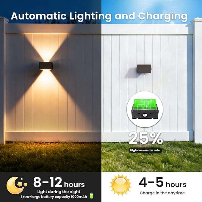 Solar Fence Lights Outdoor, 8 Pack White & RGB Up and Down Solar Wall Lights, IP67 Waterproof LED Dusk to Dawn Solar Powered Fence Lights for Patio, Backyard, Deck, Garden, Yard, Outdoor Wall Decor