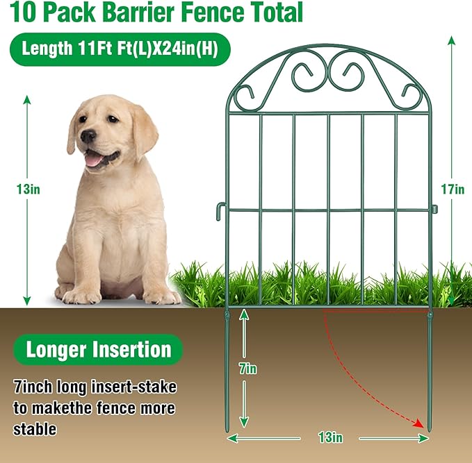 ADAVIN 10 Panels Collapsible Garden Fence Animal Barrier,11 Ft(L) x 24 in(H) Green Rustproof Metal Wire Panel Border for Dogs Rabbits, Flower Edging for Landscape Patio Yard Outdoor Decor, Arched