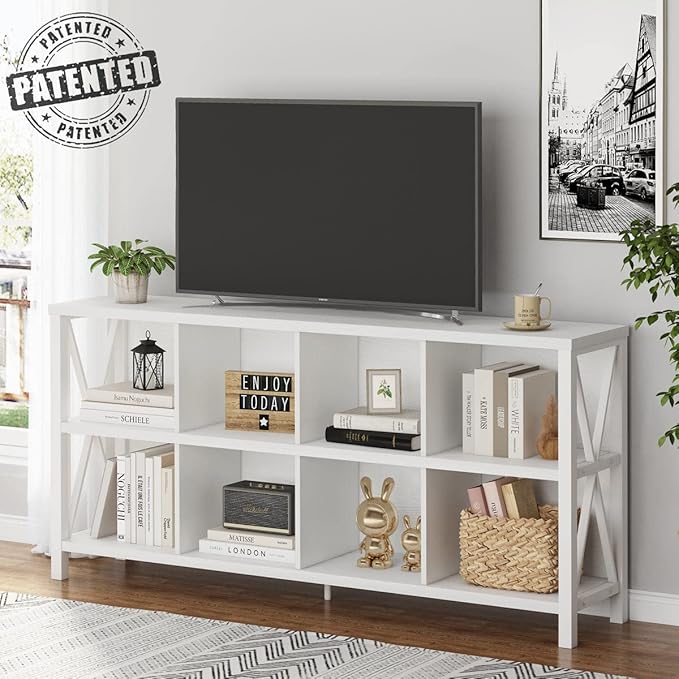 FATORRI 8 Cube Storage Organizer Bookshelf, Rustic Wood Cubby Bookcase, Industrial Horizontal Long Shelf for Living Room (White Oak, 62 Inch)