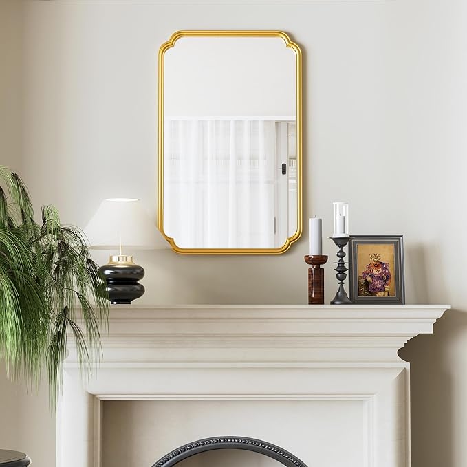 22x34 Inch Gold Bathroom Mirror, Metal Framed Wall Mirror with Rounded Edges, Rustproof Horizontal Vertical Hanging for Vanity Over Sink