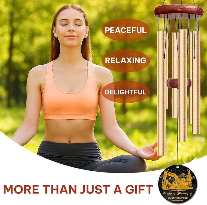 Personalized Excavator Memorial Wind Chime – “in Loving Memory” Custom Engraved Name & Years – Construction Worker Sympathy Gift – Windchime for Loss of Loved One – Equipment Operator Tribute Décor