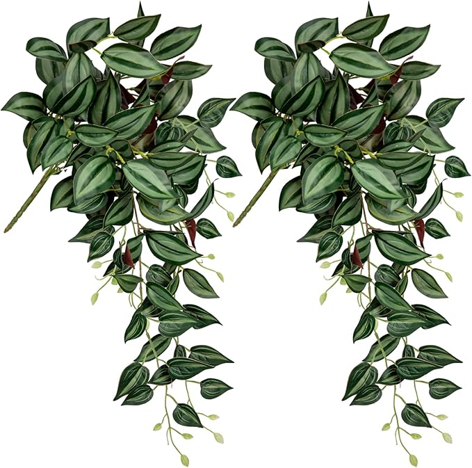 DILATATA Fake Hanging Plants Artificial Hanging Plants 26" Faux Wandering Jew Hanging Leaves Plants for Wall Shelf Home Indoor Outdoor Decor - 2 Pack