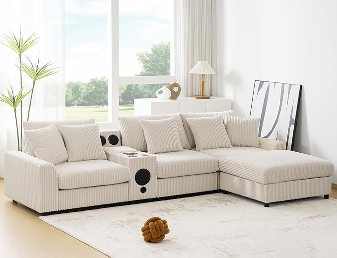 Merax 114 * 64" Corduroy Sectional Couches with Bluetooth Speakers, Storage, Ottoman & Pillows, Upholstered Modular Sofa Chaise with Console, USB Charger, Cup Holders for Living Room Apartment, Cream