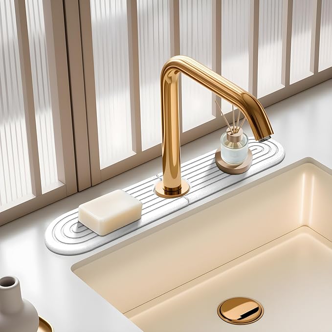 White Diatomite Faucet Mat, Fast-Drying Stone Sink Tray&Splash Guard