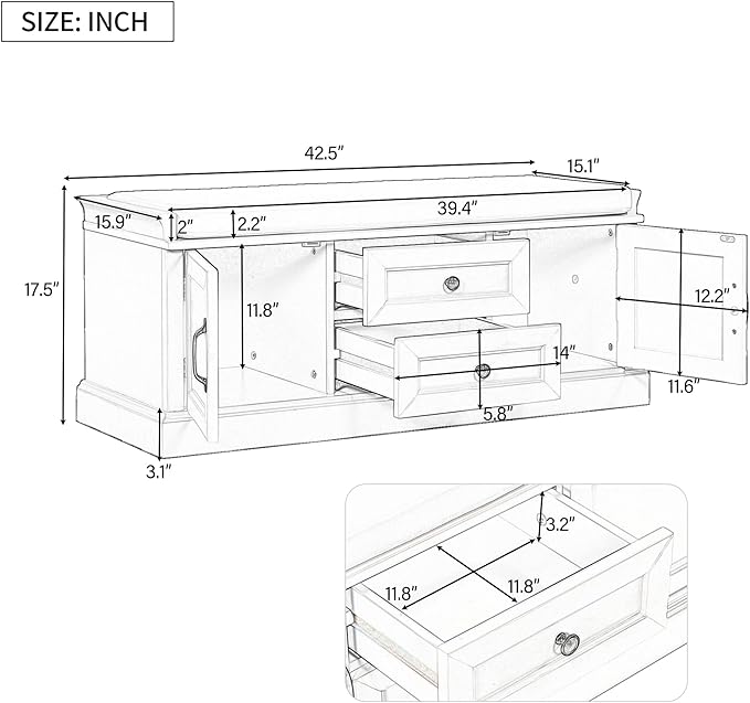Entryway Storage Bench with Drawers & Cabinets — Cushioned Shoe Storage Bench for Hallway, Mudroom, or Living Room, Solid Wood Frame (Espresso)