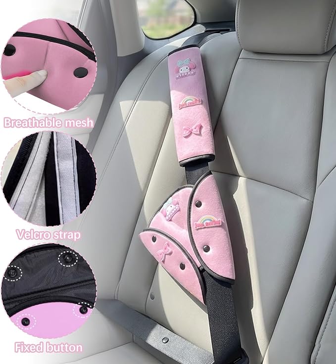 Car Seat Belt Holder & Shoulder Protection Set, Universal Anti-Neck Seat Belt Cover Pad, Cute Soft Seat Belt Cushion for Boys & Girls, Belly Protector for Comfortable Travel (Pink)