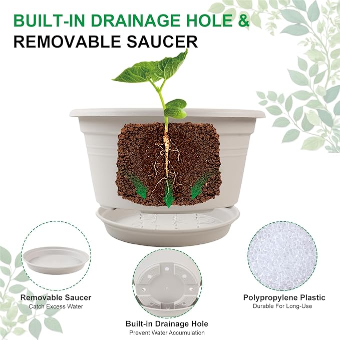 6 Pack 10 inch Plant Pot, Outdoor Pots for Plants with Drainage Hole & Tray Saucer, Round Plastic Plant Pot, Decoration Flower Pots for Indoor Plants Home Garden Outdoor Planters (Gray White)