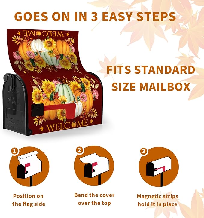 Fall Pumpkin Mailbox Cover Magnetic Autumn Sunflower Maple Leaves Mailbox Cover Standard Size 21 x 18 Inch Thanksgiving Welcome Post Box Covers Wraps Home Garden Decor for Outdoor
