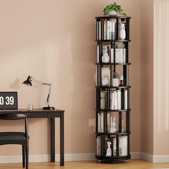 Solid Wood Rotating Bookshelf on Wheels, 6 Tier, Round Revolving Bookcase, 360° Spinning Book Shelf Tower for Kids, Narrow Rolling Bookshelves for Small Space, Corner, Bedroom, Office, Black
