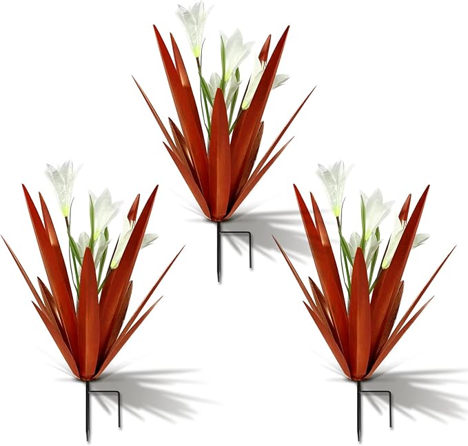 Homight Metal Agave Plant Outdoor Decoration Lily Mexican Yard Art Garden Gift Home Decor Hand Painted Metal Agave Garden Yard Statue, Outdoor Lawn Ornaments (3 Big White Lilies)