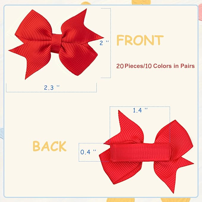 Baby Hair Clips, 20PCS 2" Fully Lined Hair Bows for Girls, Toddler Hair Accessories, Alligator Hair Clips for Girls Toddlers Baby Kids Teens (10 Colors in Pairs）