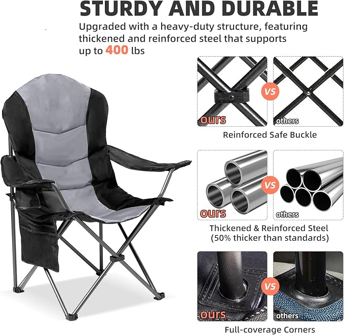 2 Pack Folding Camping Chairs for Adults - High Back Padded Outdoor Lawn Chairs with Lumbar Support & Cup Holder, 400lbs Heavy Duty Portable Camping Chairs Set (Black & Light Gray)