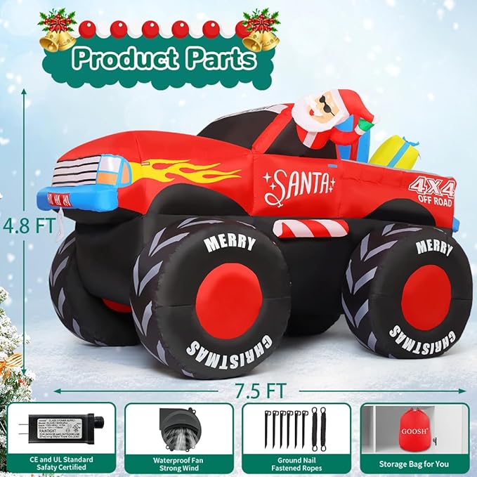 GOOSH 7.5 FT Long Christmas Inflatables Monster Truck Outdoor Decorations Blow Up Yard Santa Claus with Presents on Truck with Built-in LEDs for Garden Lawn Indoor Party Décor