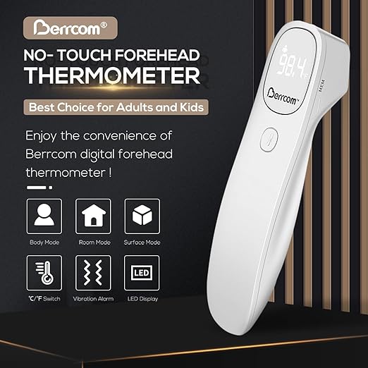 Berrcom Non Contact Infrared Thermometer Digital Forehead Thermometer for Adults and Kids Temperature Thermometer 3 in 1 with Fever Alert Touchless Baby Thermometer Large LED Display