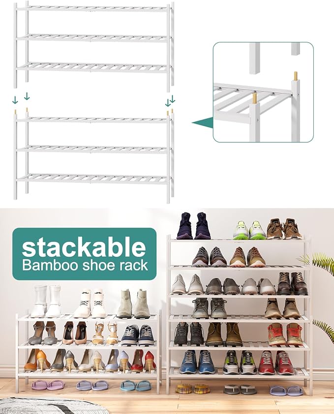 3-Tier Long Shoe Rack, Bamboo Wood Shoe Rack for Closet, Entryway & Hallway, Stackable White Shoe Shelf Storage Organizer for Indoor Outdoor