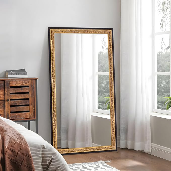 51.5”x28” Black Large Vintage Mirror, Ornate Baroque Decorative Mirror, Gold Foil Carvings Wooden Frame, Handmade Aging, for Dining Room, Fireplace, Bathroom and Bedroom