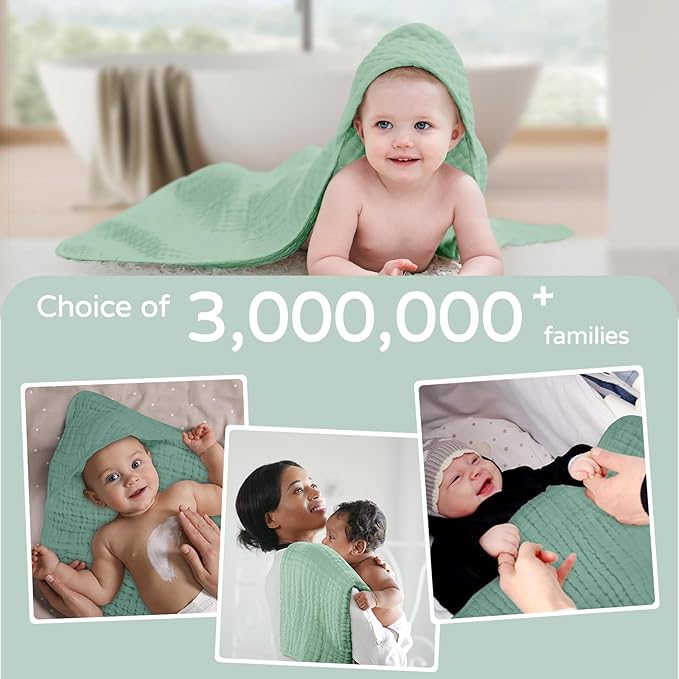 Yoofoss Hooded Baby Towels for Newborn 2 Pack 100% Muslin Organic Cotton Baby Bath Towel with Hood for Babies, Infant, Toddler and Kids, 32x32Inch, Soft and Absorbent Newborn Essential, Gradient Green