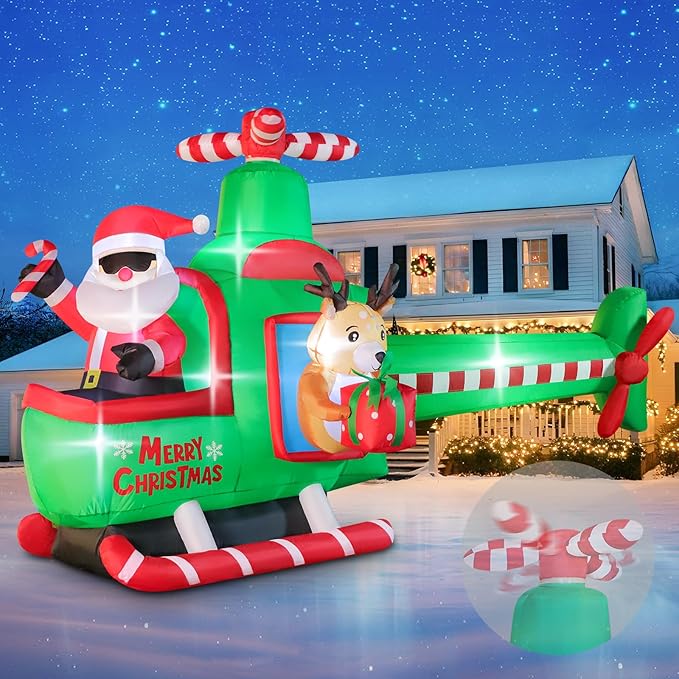 8.5 FT Long Christmas Inflatable Outdoor Decorations, Blow Up Santa Claus Helicopter with Bright LED Lights, Christmas Santa and Reindeer Flying Airplane for Xmas Decor, Lawn, Yard Holiday Party