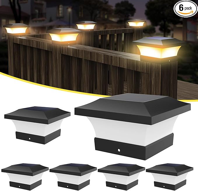 T-SUN 6 Pack 3000K Warm White Solar Post Cap Lights, 4x4 Outdoor Waterproof Solar Post Lights for Wood & Vinyl Fence Posts, Deck, Patio Railing, Black, Bracket Included