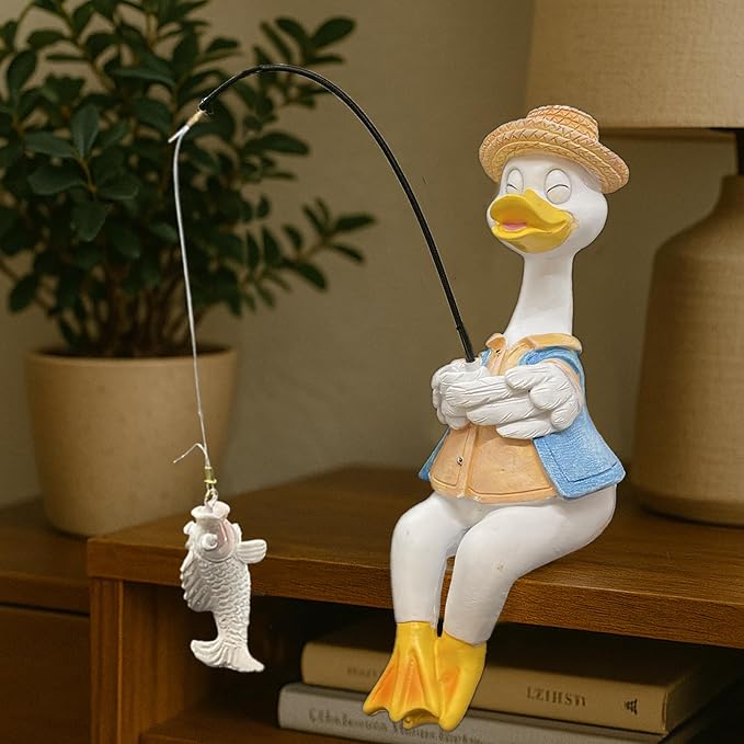 Duck Fishing Statue Garden Decor – 9.8" Weatherproof Resin Duck Fishing Sculpture Decor for Fish Ponds, Koi Ponds, Waterfalls, Poolside & Outdoor Gardens– Resin Figurine for Indoor & Outdoor Décor