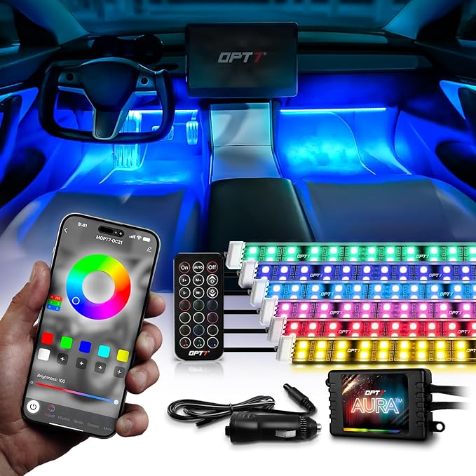 OPT7 Aura Pro 6PC Double LED Interior Strip Lights with APP & Remote Control, Multicolor Mode, Sound Active Inside Ambient Lighting Kit, Truck SUV RV Footwell Floor Decor, 12V Car Charger