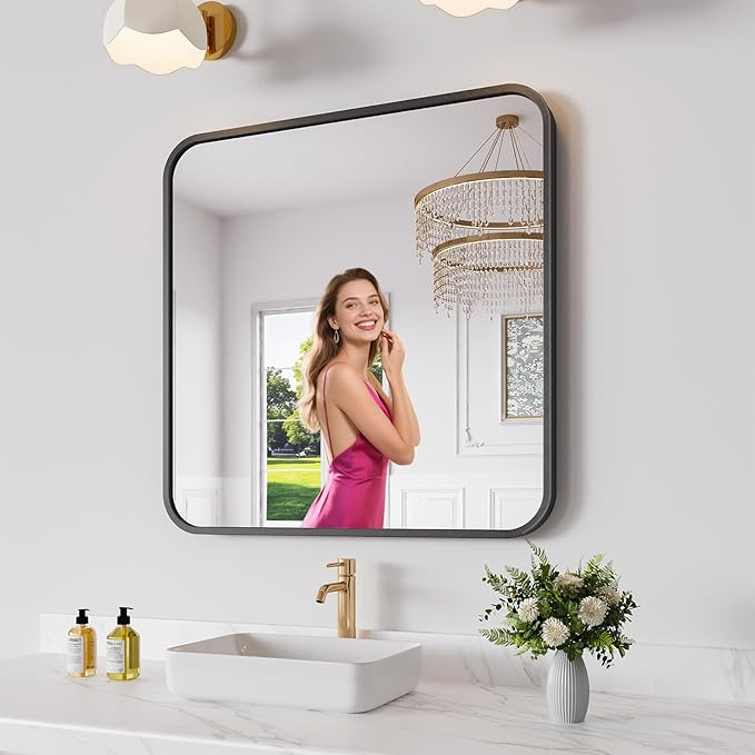 Koonmi Bathroom Mirror, 30X30 Inch Black Metal Framed Mirror for Bathroom, Tempered Glass, Anti-Rust, Rounded Rectangle Mirror for Restroom, Bedroom, Black