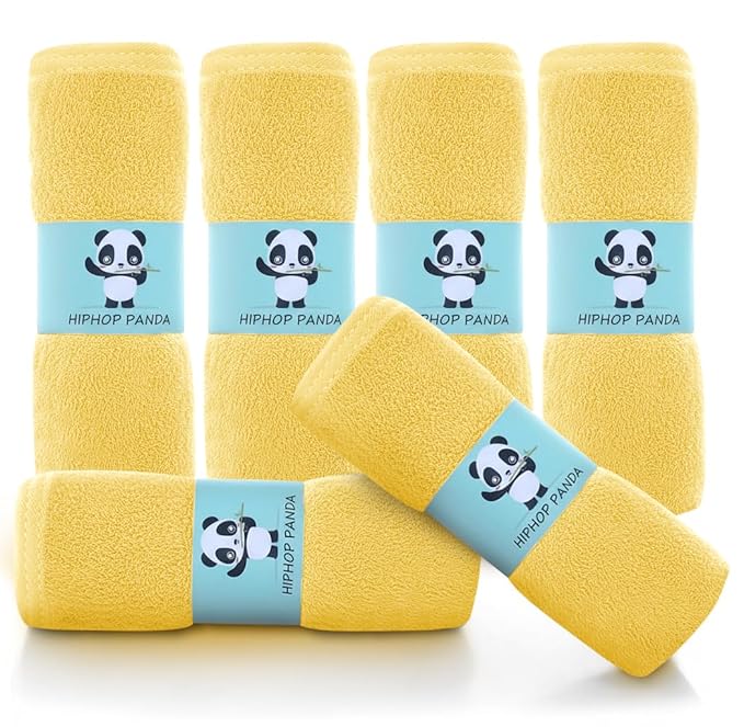 HIPHOP PANDA Baby Washcloths, Rayon Made from Bamboo - 2 Layer Ultra Soft Absorbent Newborn Bath Face Towel - Reusable Baby Wipes for Delicate Skin - Yellow, 6 Pack