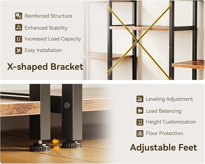 Casaottima Triple 4 Tier Bookshelf, Large Bookcase with 11 Open Display Shelves, Modern Industrial Book Shelves Book Case for Bedroom, Wide Standing Shelving Unit for Living Room Home Office, Vintage