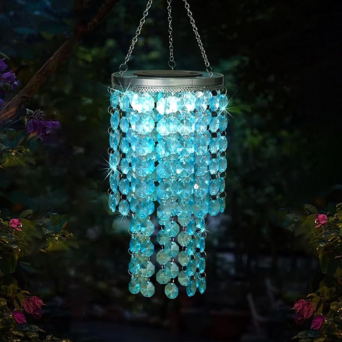 Hanging Solar Crystal Chandelier Outdoor, 21” Modern Solar Blue Acrylic Beaded Lantern with Cool White LED S Hooks for Garden Yard Patio Gazebo Outside Decor