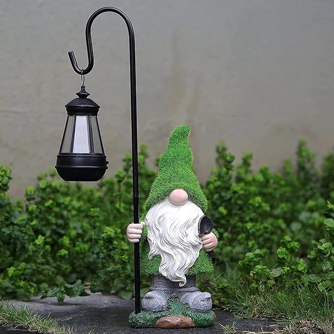 Flocked Garden Gnome Statue with Solar LED Light, Large Funny Fairy Gnomes Figurines with Solar Lantern, Outdoor Fall Decorations for Yard Lawn, Tall 15.8 Inch