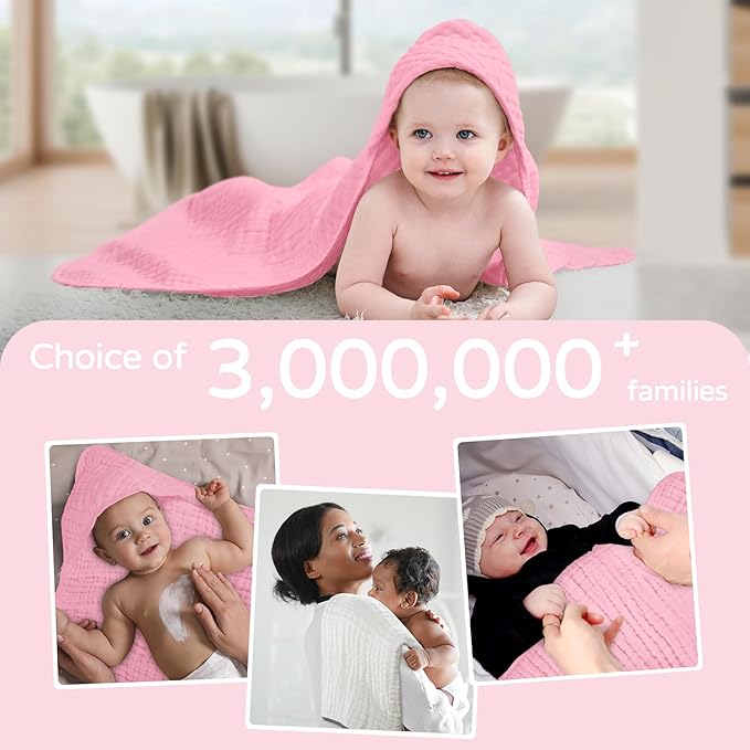 Yoofoss Hooded Baby Towels for Newborn 2 Pack 100% Muslin Organic Cotton Baby Bath Towel with Hood for Babies, Infant, Toddler and Kids, 32x32Inch, Soft and Absorbent Newborn Essential,White and Pink