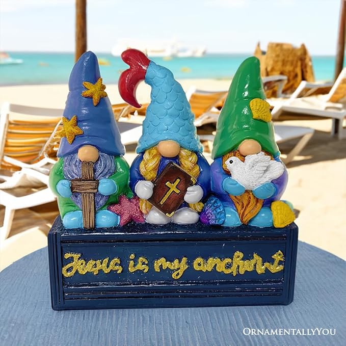 OrnamentallyYou Spring & Summer-Themed Garden Statues – Adorable Outdoor Decor for Lawn, Patio & Porch (Nautical Themed Religious Gnome Figurine, Jesus is My Anchor 6" Beach House Statue)