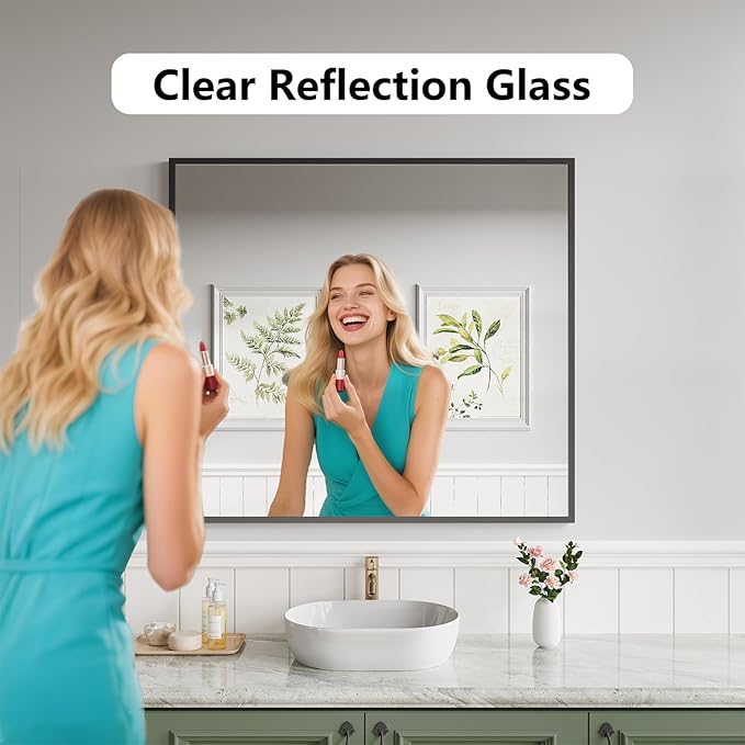 Koonmi Bathroom Mirror 36x40 Bathroom Wall-Mounted Mirrors, Modern Vanity Mirror for Bedroom, Living Room, Aluminum Alloy Frame Allow to Hang Horizontally or Vertically
