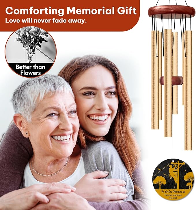 Personalized Lineman Memorial Wind Chime – “in Loving Memory of” Custom Name & Years – Sympathy Gift for Utility Worker Families – Memorial Windchimes for Loss of Loved One – Garden Remembrance Décor