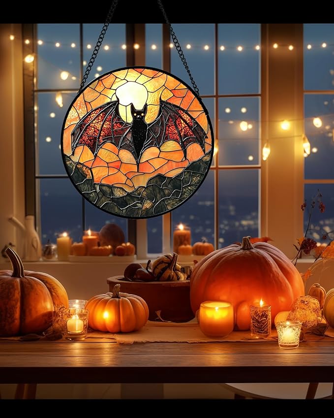 Stained Glass Window Hanging, Black Bat Sun Catcher for Door Home Decor Animal Suncatcher Christmas Mother's Day Birthday Gifts for Women Men Mom and Nana 11.8 in