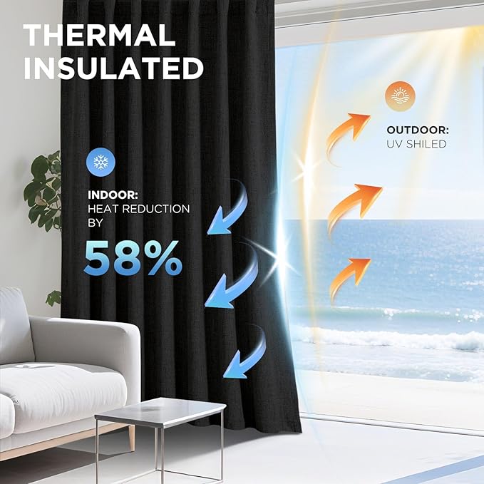 Joydeco 100% Blackout Curtains for Bedroom - Natural Linen Curtains 52"W x 63"L Long, Thermal Insulated 2 Panels Black Light Blocking Drapes, Rod Pocket & Back Tabs, Darkening Privacy for Living Room