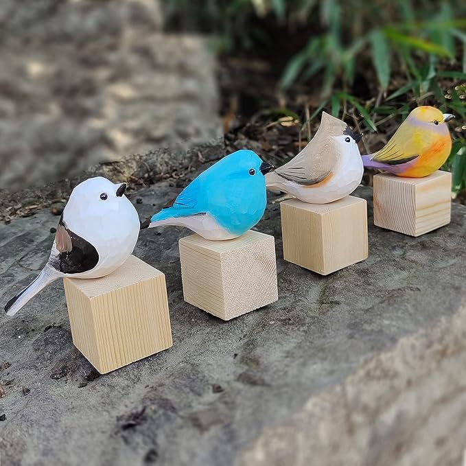 Handmade Wooden Carved Bird Decor Sculpted Hand-Painted Bird Figurines Small Home Decor Bird Statue Shelf Decor BFF Gifts for Bird Lovers (Suit 2)