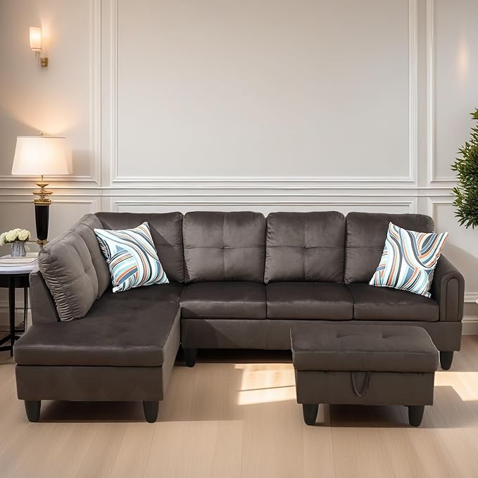 L Shaped Sectional Couches for Living Room, Modern Modular Sectional Sofa with Ottoman Storage, Comfy L Shaped Couch with Chaise for Bedroom Apartment Furniture, Coffee