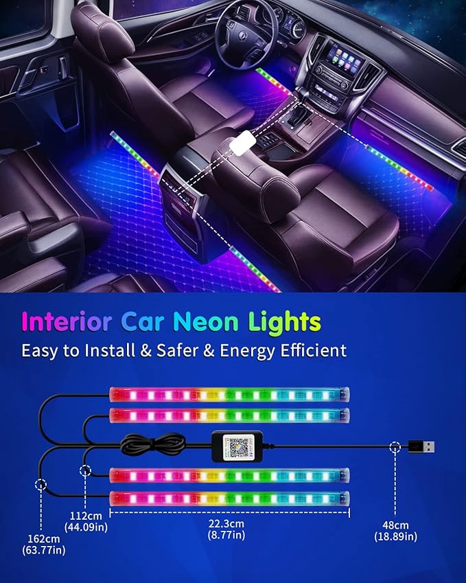 RGB Interior Car Strip Lights with Smart APP Control, Music Sync Under Dash Footwell Neon Internal Lighting Kit Multicolor,12V LED Strip Lights for Cars, Trucks, SUVs with Car Charger(1 Set)