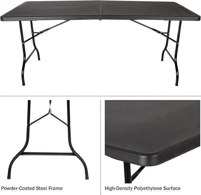 Everyday Home Folding Table - Lightweight Portable Folding Desk - 6-Foot-Long Plastic Table for Camping, Playing Cards, Parties, and Dining (Black)