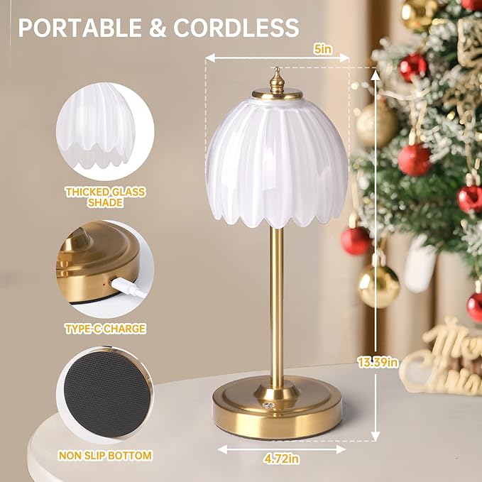 Shenmoyl Tulip Table Lamp with 5000mAh Battery & Touch Control, Cordless Table Lamp with 3 Colors, Dimmable Rechargeable Table Lamps for Bedroom, Nightstands, Living Room, Entryways (White Tulip)