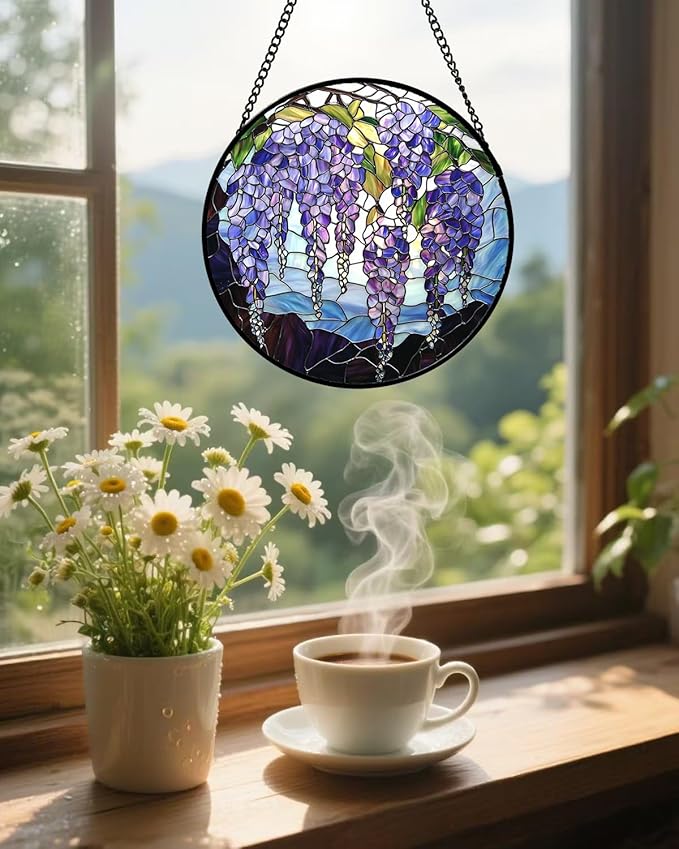 Stained Glass Window Hanging, Wisteria Flower Sun Catcher for Door Home Decor Purple and Blue Suncatcher Christmas Mother's Day Birthday Gifts for Women Men Mom and Nana 6.3 in